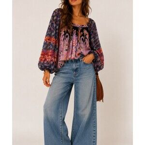 Free People Roaming Around Paisley Floral Top Sz XS Ballon Sleeves Boho Peasant
